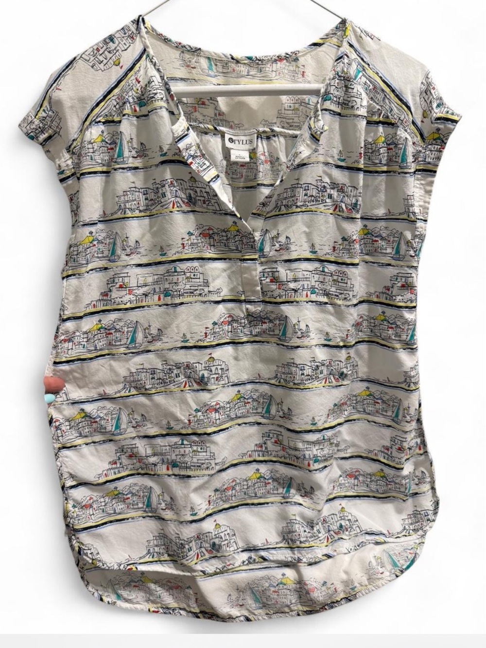 STYLUS by Anthropologie White Printed Cap-Sleeve V-Neck Blouse Size L